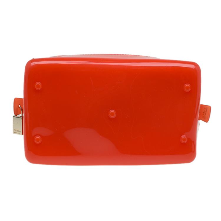 Pre Owned Furla Red Orange Glossy Rubber Mini Candy Satchel