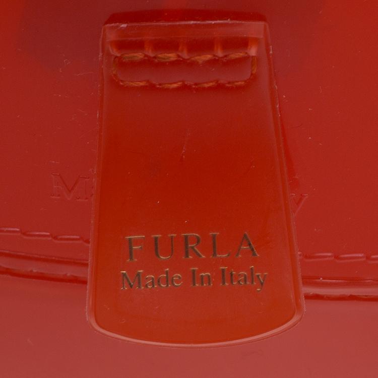 Pre Owned Furla Red Orange Glossy Rubber Mini Candy Satchel