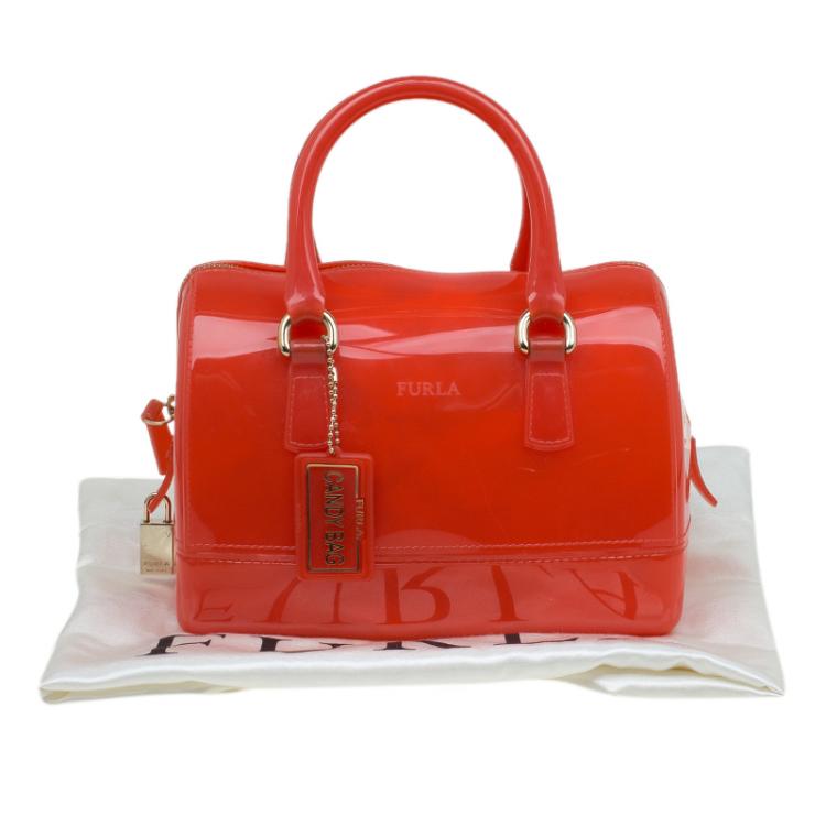 Pre Owned Furla Red Orange Glossy Rubber Mini Candy Satchel