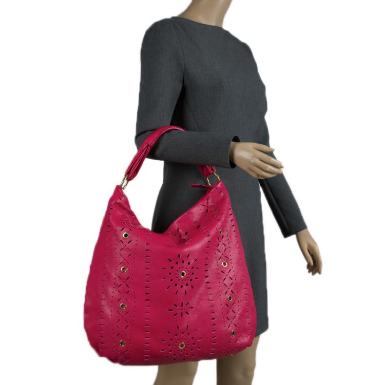 Pre Owned Furla Fuchsia Leather Laser Cut Hobo 
