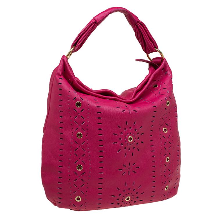 Pre Owned Furla Fuchsia Leather Laser Cut Hobo 
