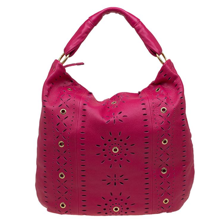 Pre Owned Furla Fuchsia Leather Laser Cut Hobo 
