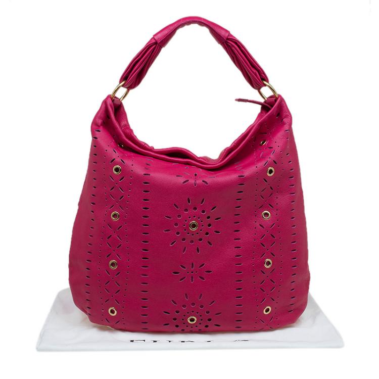 Pre Owned Furla Fuchsia Leather Laser Cut Hobo 
