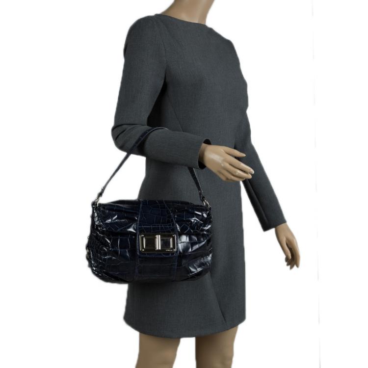 Pre Owned Furla Dark Blue Croc Embossed Leather Wally Shoulder Bag