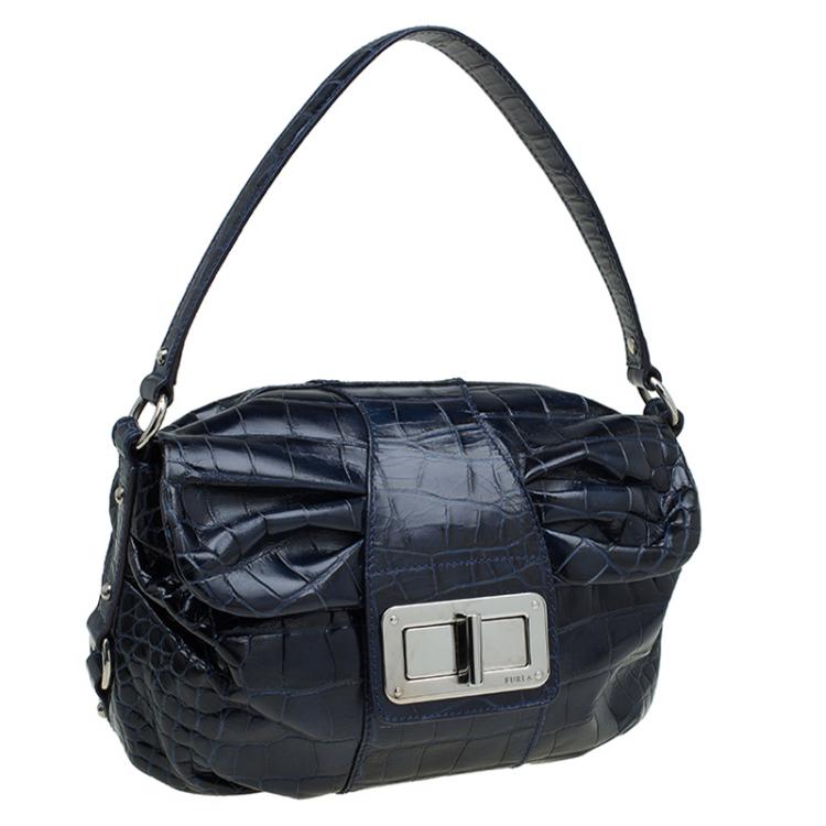 Pre Owned Furla Dark Blue Croc Embossed Leather Wally Shoulder Bag