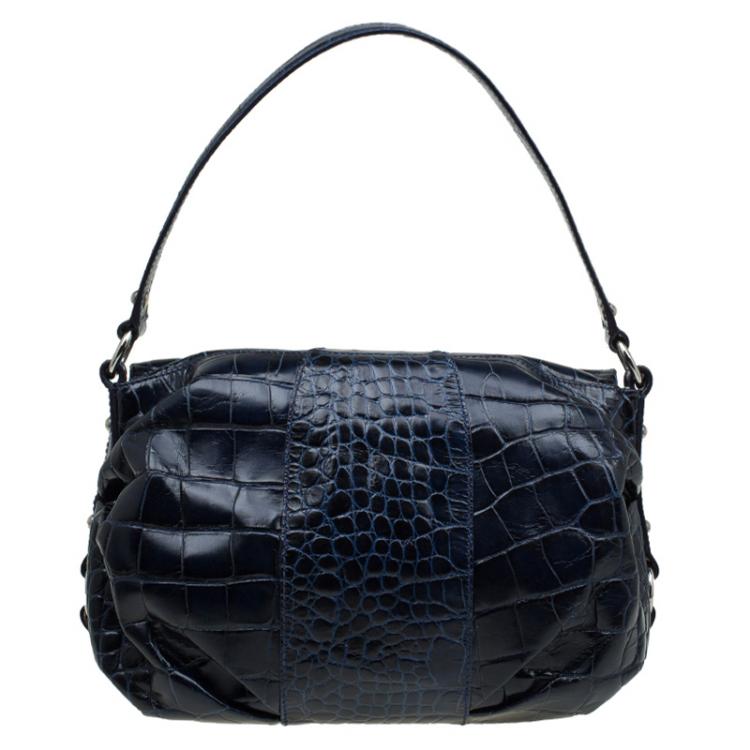 Pre Owned Furla Dark Blue Croc Embossed Leather Wally Shoulder Bag