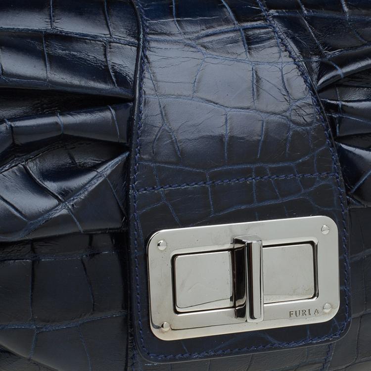 Pre Owned Furla Dark Blue Croc Embossed Leather Wally Shoulder Bag