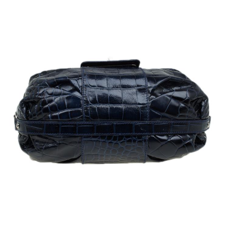 Pre Owned Furla Dark Blue Croc Embossed Leather Wally Shoulder Bag