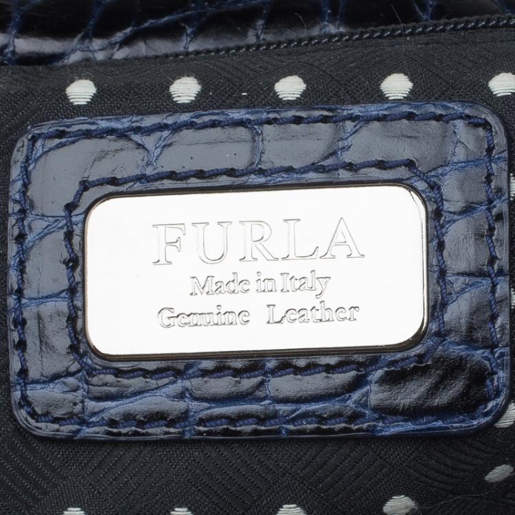 Pre Owned Furla Dark Blue Croc Embossed Leather Wally Shoulder Bag