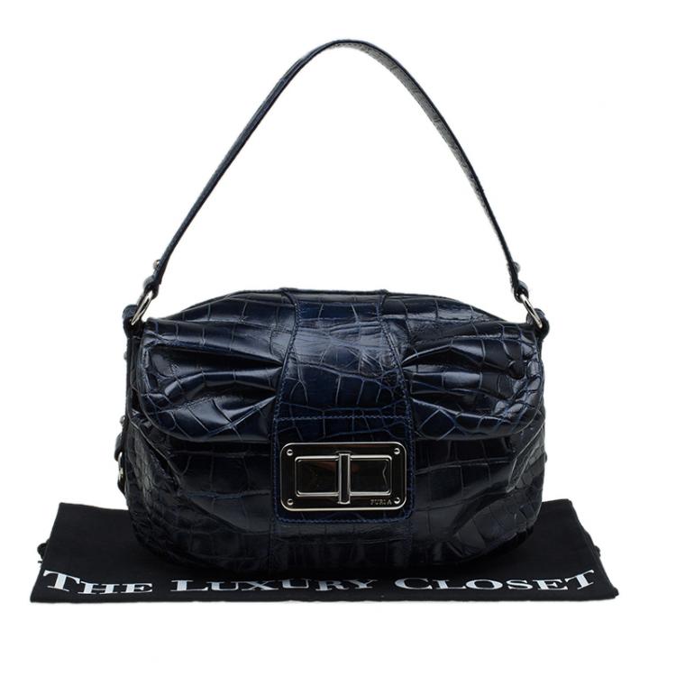 Pre Owned Furla Dark Blue Croc Embossed Leather Wally Shoulder Bag