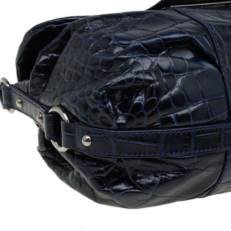 Pre Owned Furla Dark Blue Croc Embossed Leather Wally Shoulder Bag