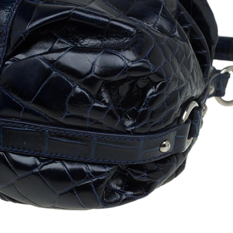 Pre Owned Furla Dark Blue Croc Embossed Leather Wally Shoulder Bag