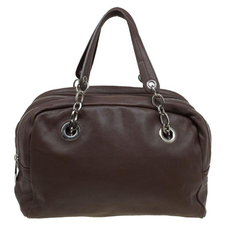 Pre Owned Furla Brown Leather Double Zip Bowling Bag 