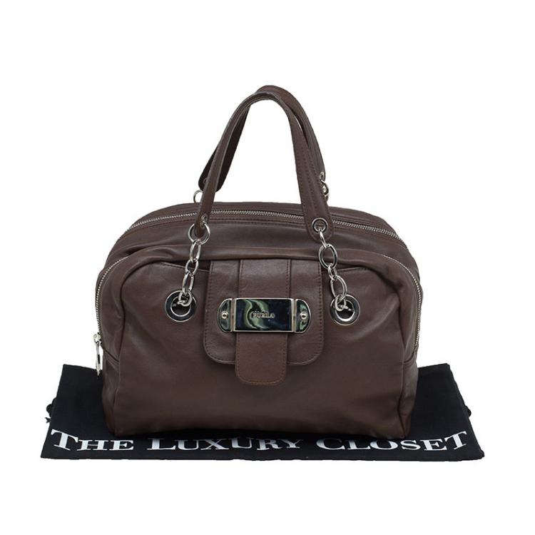 Pre Owned Furla Brown Leather Double Zip Bowling Bag 