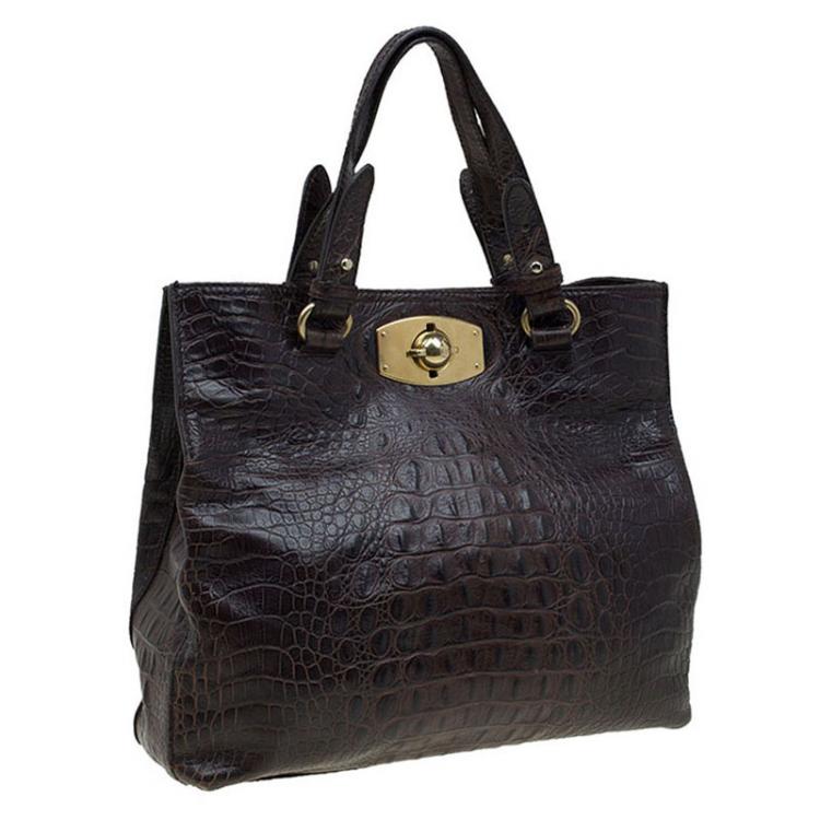 Pre Owned Furla  Dark Brown Croc Embossed Leather New Appaloosa Tote