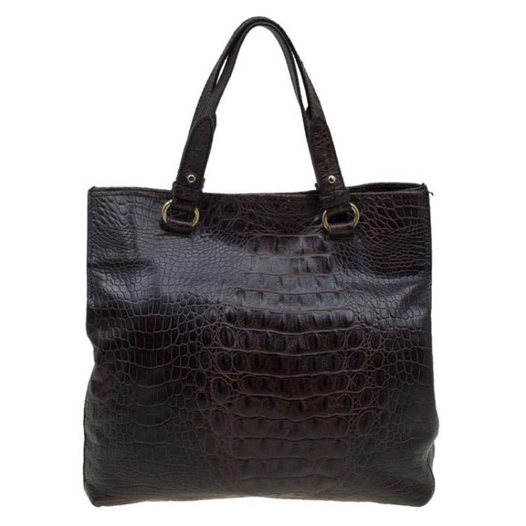 Pre Owned Furla  Dark Brown Croc Embossed Leather New Appaloosa Tote