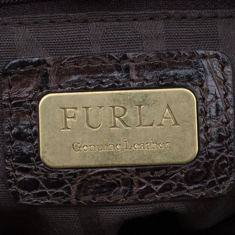 Pre Owned Furla  Dark Brown Croc Embossed Leather New Appaloosa Tote