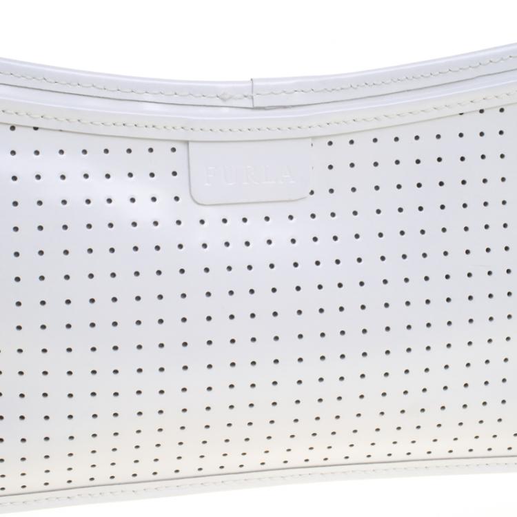 Pre Owned Furla White perforated Patent Leather Shoulder Bag