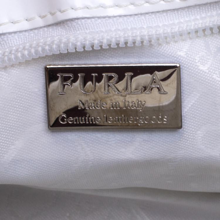 Pre Owned Furla White perforated Patent Leather Shoulder Bag