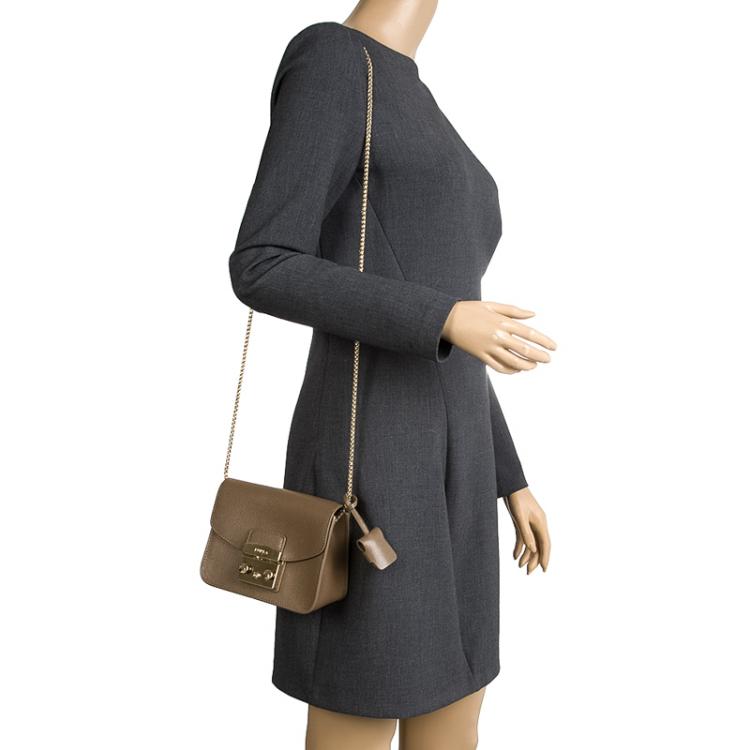 Pre Owned Furla Dark Beige Leather Metropolis Crossbody Bag
