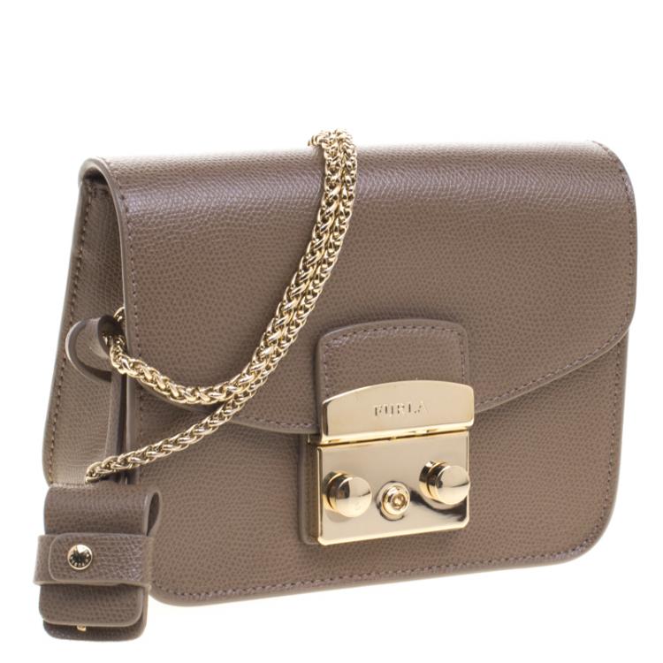 Pre Owned Furla Dark Beige Leather Metropolis Crossbody Bag
