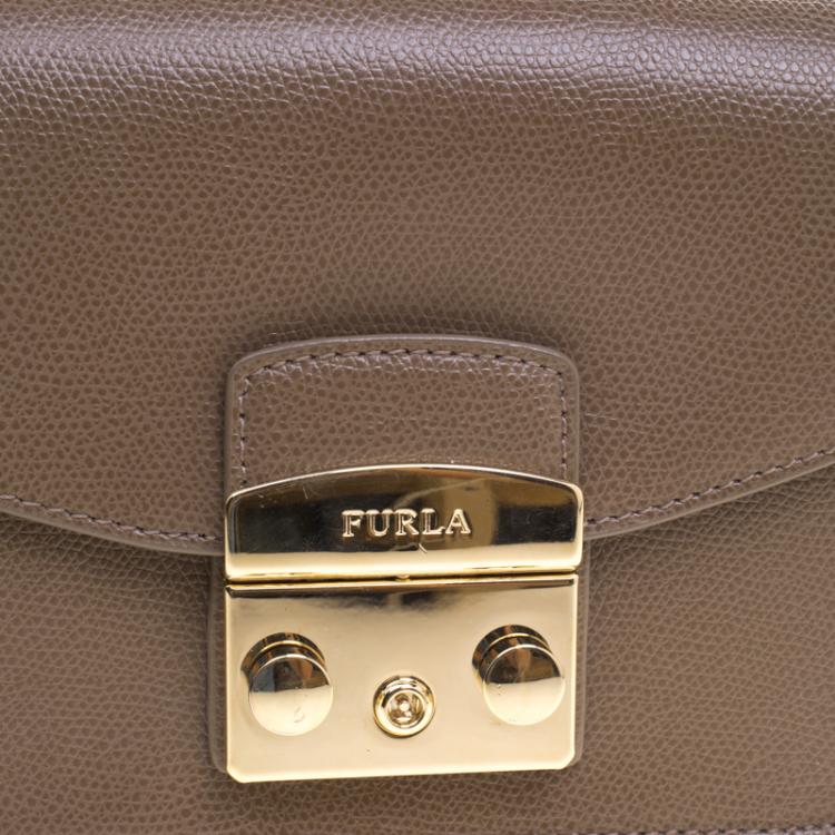 Pre Owned Furla Dark Beige Leather Metropolis Crossbody Bag
