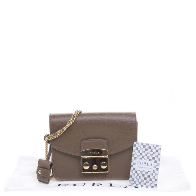 Pre Owned Furla Dark Beige Leather Metropolis Crossbody Bag
