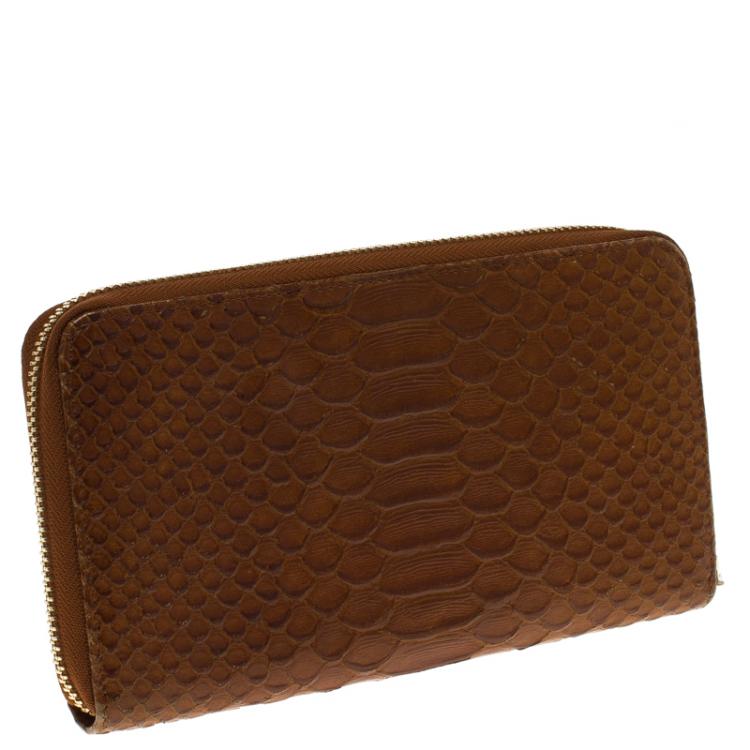 Pre Owned Furla Brown Python Embossed Leather Zip Around Wallet