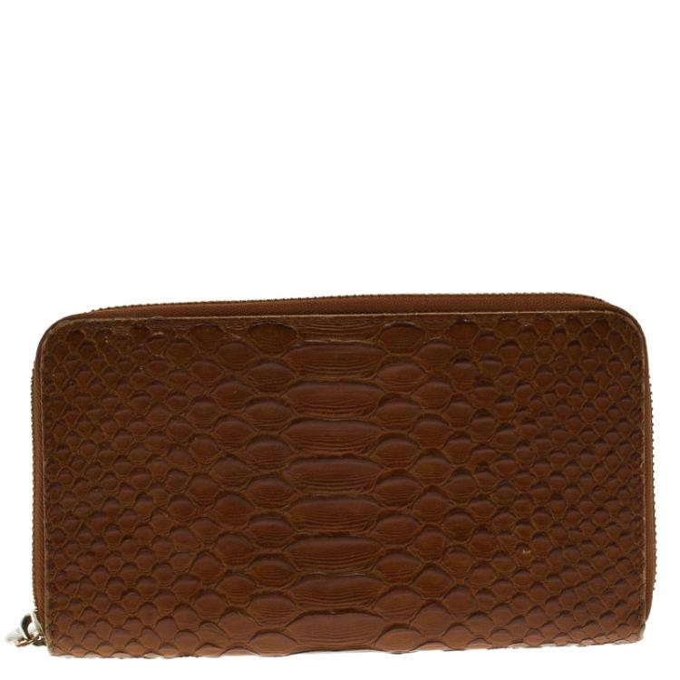 Pre Owned Furla Brown Python Embossed Leather Zip Around Wallet