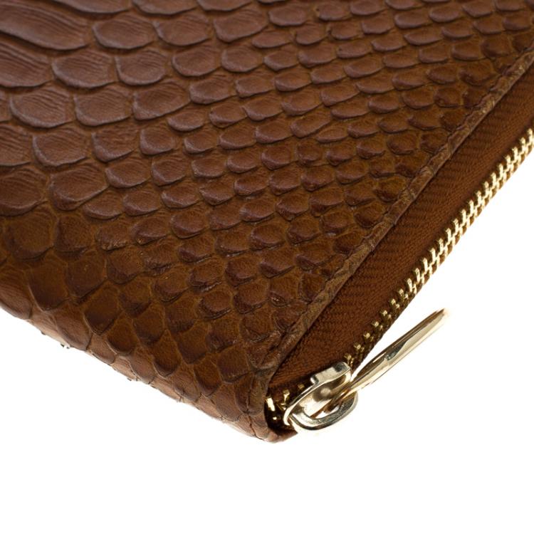 Pre Owned Furla Brown Python Embossed Leather Zip Around Wallet