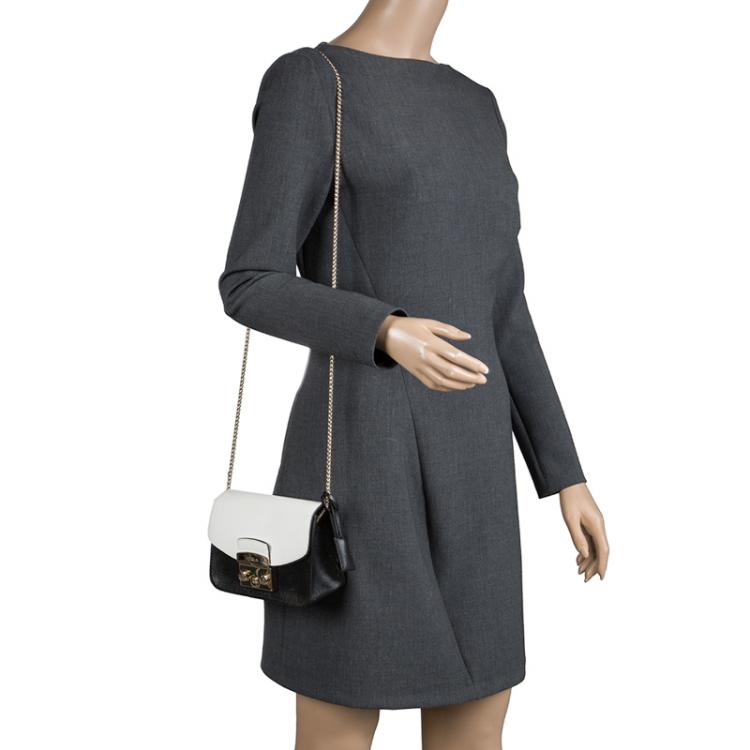 Pre Owned Furla Black/White Leather Metropolis Crossbody Bag