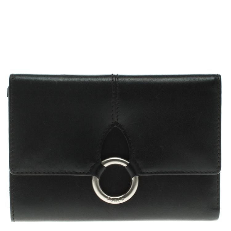 Pre Owned Furla Black Leather Tri Fold Wallet