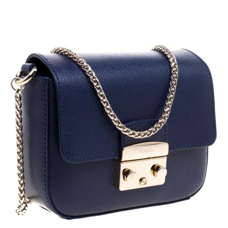 Pre Owned Furla Navy Blue Leather Mini Metropolis Crossbody Bag