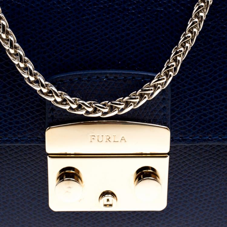 Pre Owned Furla Navy Blue Leather Mini Metropolis Crossbody Bag