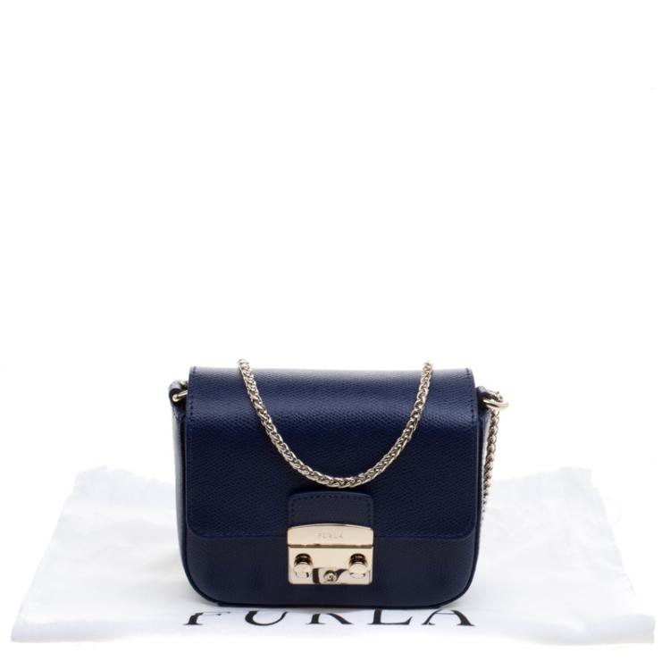 Pre Owned Furla Navy Blue Leather Mini Metropolis Crossbody Bag