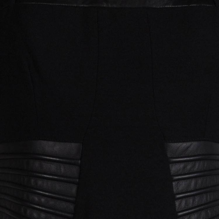 Pre Owned Gianfranco Ferre Black Leather Panel Short Sleeve Wool Dress M