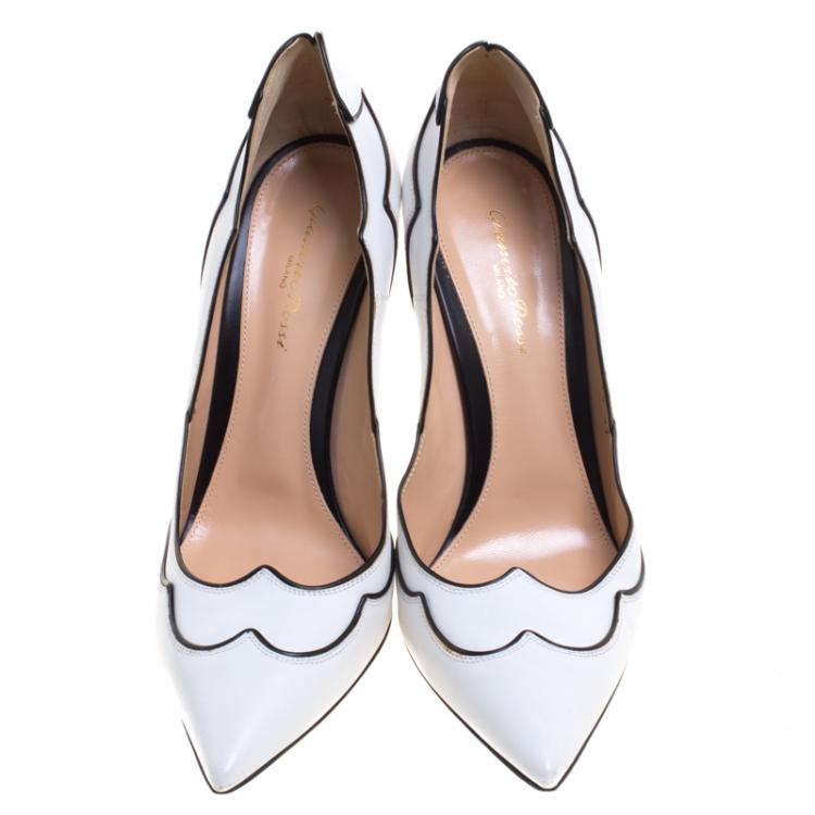 Pre Owned Gianvito Rossi White Scalloped Leather Pointed Toe Pumps Size 41