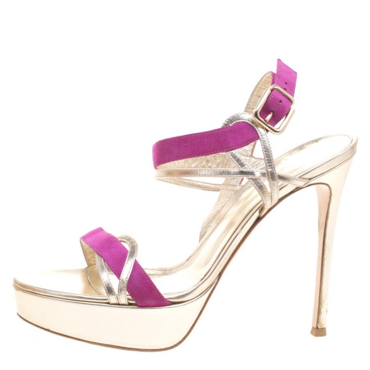 Pre Owned Gianvito Rossi Two Tone Metallic Leather and Suede Ankle Strap Platform Sandals Size 39