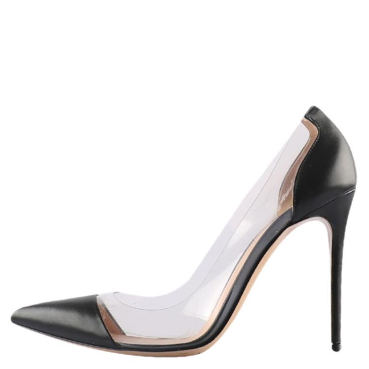 Pre Owned Gianvito Rossi Black Leather and PVC Pointed Toe Pumps Size 39.5