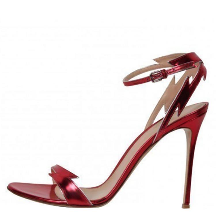 Gianvito Rossi Red Metallic Leather Sparkle Lightning Motif Ankle Strap ...