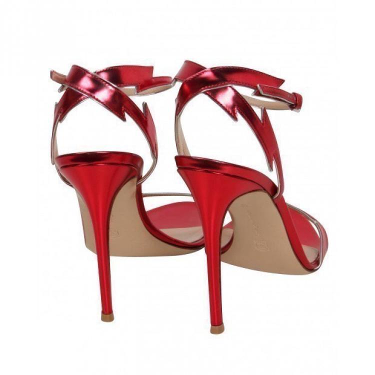 Pre Owned Gianvito Rossi Red Metallic Leather Sparkle Lightning Motif Ankle Strap Sandals Size 42