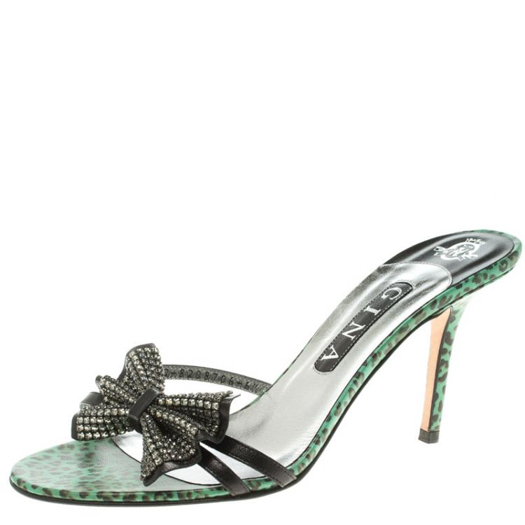 Pre Owned Gina Black Leather Crystal Embellished Bow  Slides Size 39.5