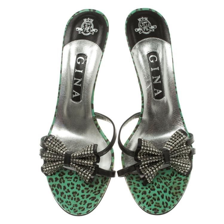 Pre Owned Gina Black Leather Crystal Embellished Bow  Slides Size 39.5
