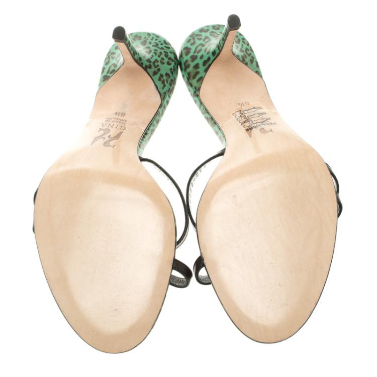 Pre Owned Gina Black Leather Crystal Embellished Bow  Slides Size 39.5