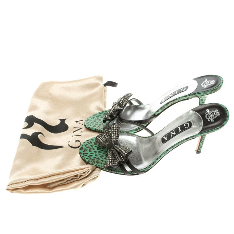 Pre Owned Gina Black Leather Crystal Embellished Bow  Slides Size 39.5