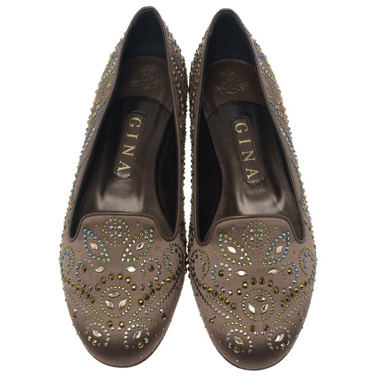 Pre Owned Gina Brown Satin Studded Smoking Slippers Size 39.5
