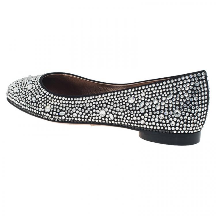 Pre Owned Gina Black Crystal Embellished Satin Ballet Flats Size 36.5