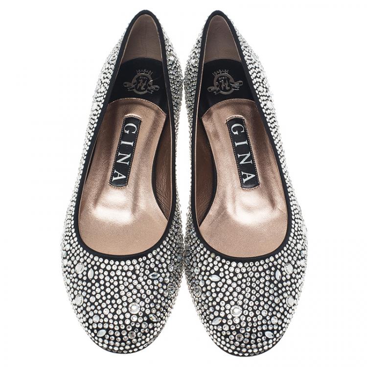 Pre Owned Gina Black Crystal Embellished Satin Ballet Flats Size 36.5
