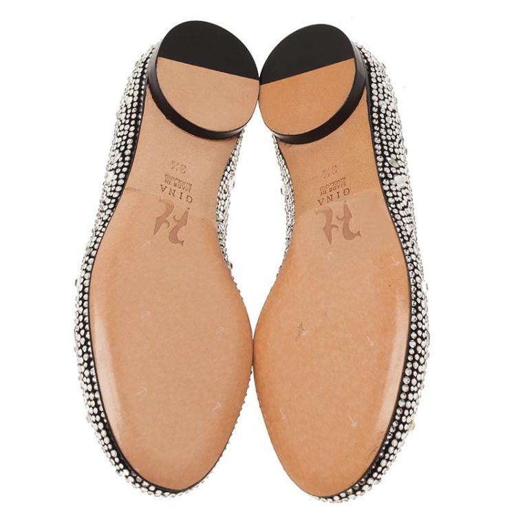 Pre Owned Gina Black Crystal Embellished Satin Ballet Flats Size 36.5