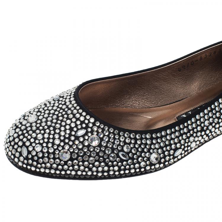 Pre Owned Gina Black Crystal Embellished Satin Ballet Flats Size 36.5